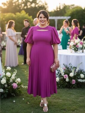 Magenta Pleated Midi Dress with Puff Sleeves